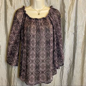 Knox Rose Women's Long Sleeve Sheer Print Pleated Top - Burgundy Size XS